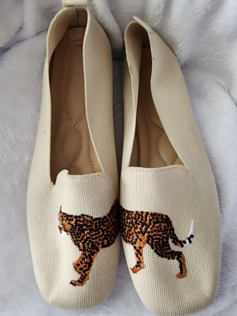 Cream Women's Slip-On Flats with Leopard Embroidery